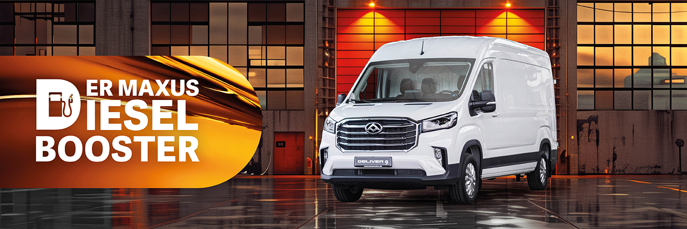 Der Maxus Diesel Booster in einer modernen Halle, präsentiert als leistungsstarker Transporter.