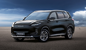 Schwarzer SUV mit modernem Design auf einem Parkplatz unter bewölktem Himmel.